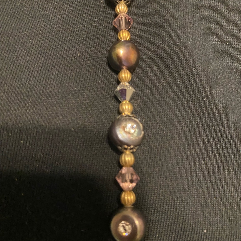 7” bracelet, Antiqued gold, bronze, black and pink beads also rhinestones